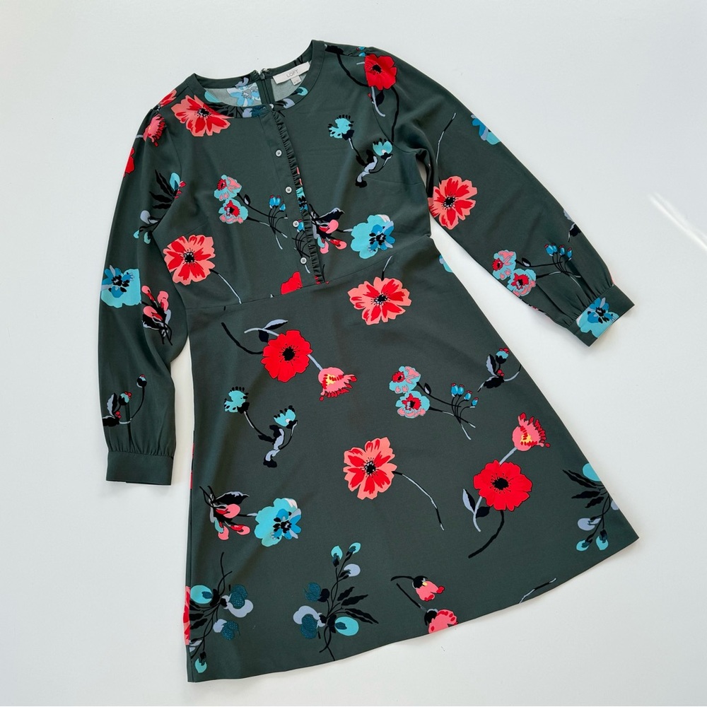Loft Womens 10 Dress Green Red Floral Woven L/S Pullover Zipper 1/2 Button 16570
